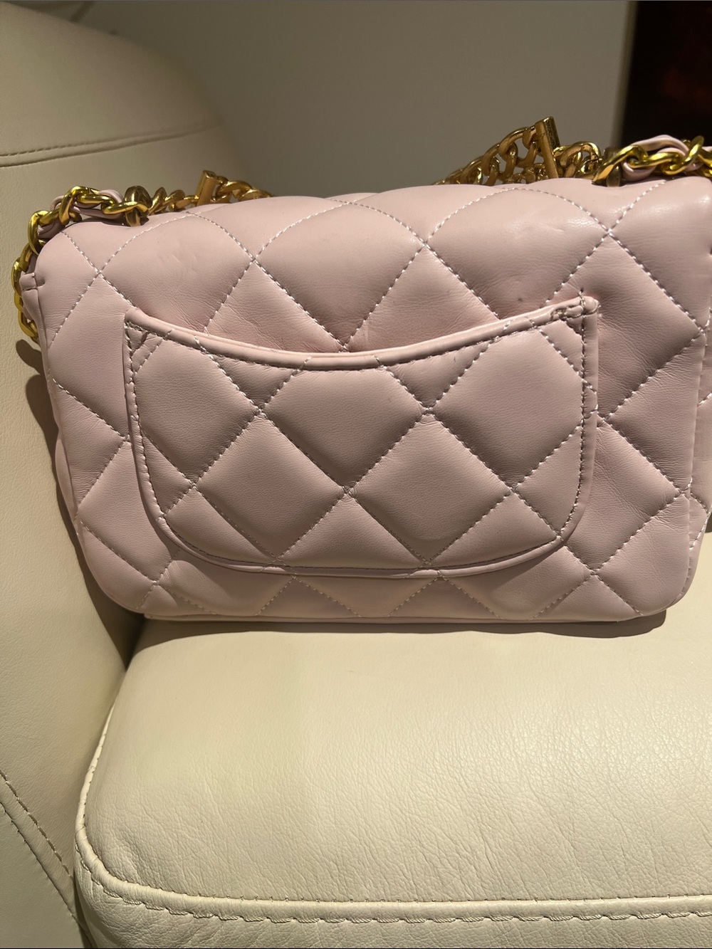 CHANEL Pink Quilted Mini Flap Bag with Gold & pink chain with pink rhinestones. - Picture 2 of 8